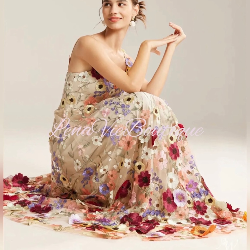 Lena Vie Hannah Dripping Embroidered Floral Long Luxury Dress, MADE TO ORDER